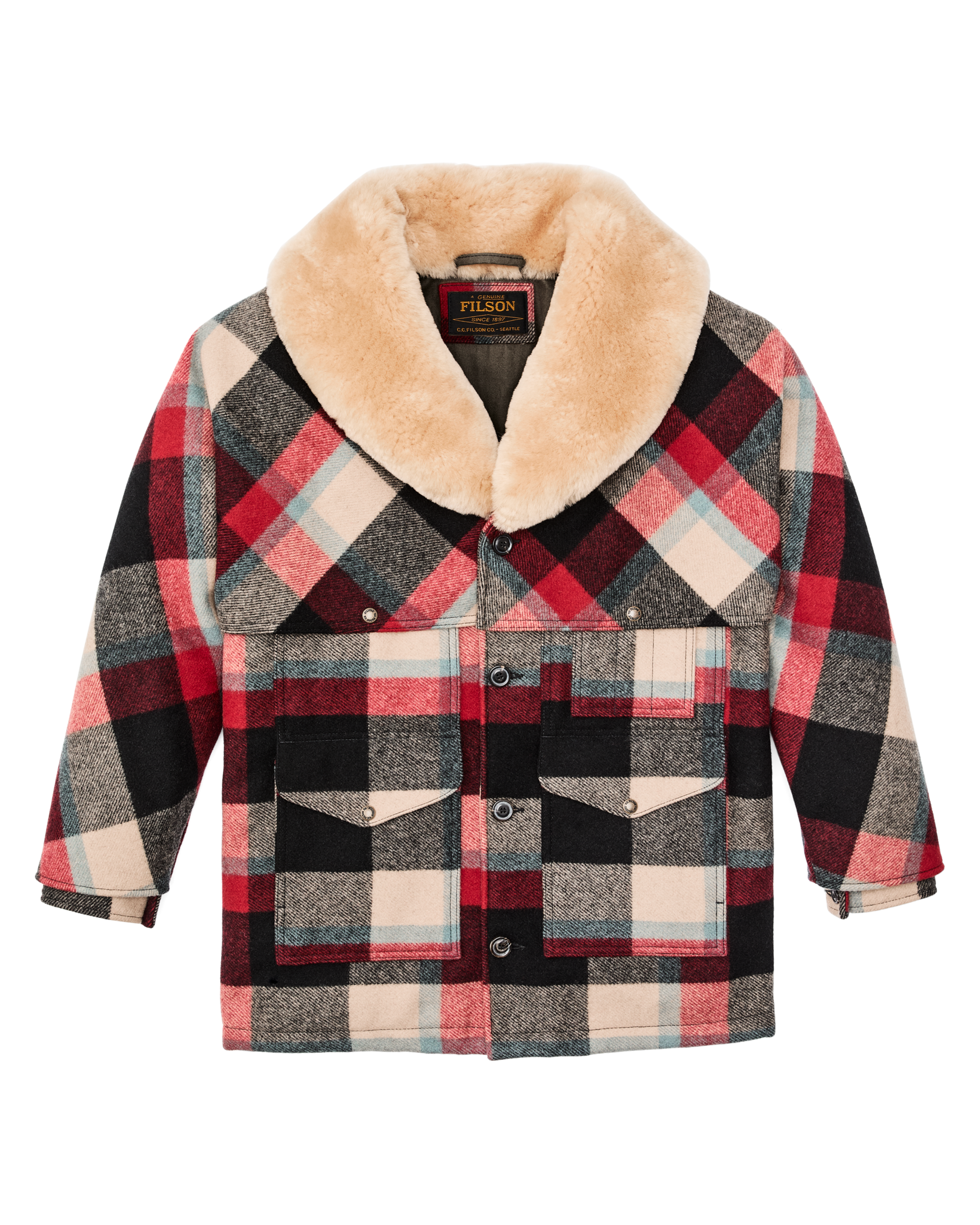 Lined Mackinaw Wool Packer Coat - Red / Cream / Blue Plaid - Image 4