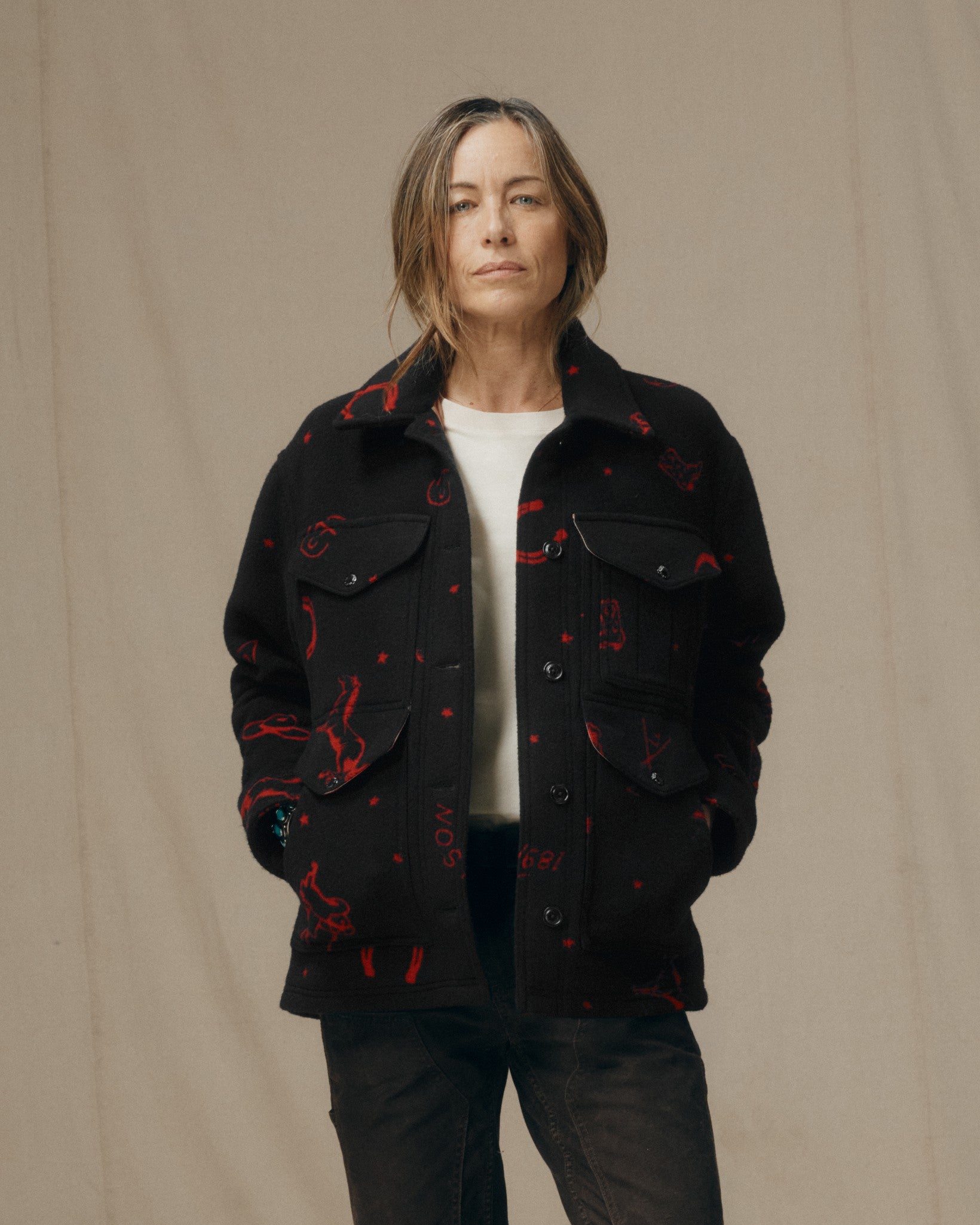 Women's Jacquard Wool Cruiser Jacket - Black / Red Western