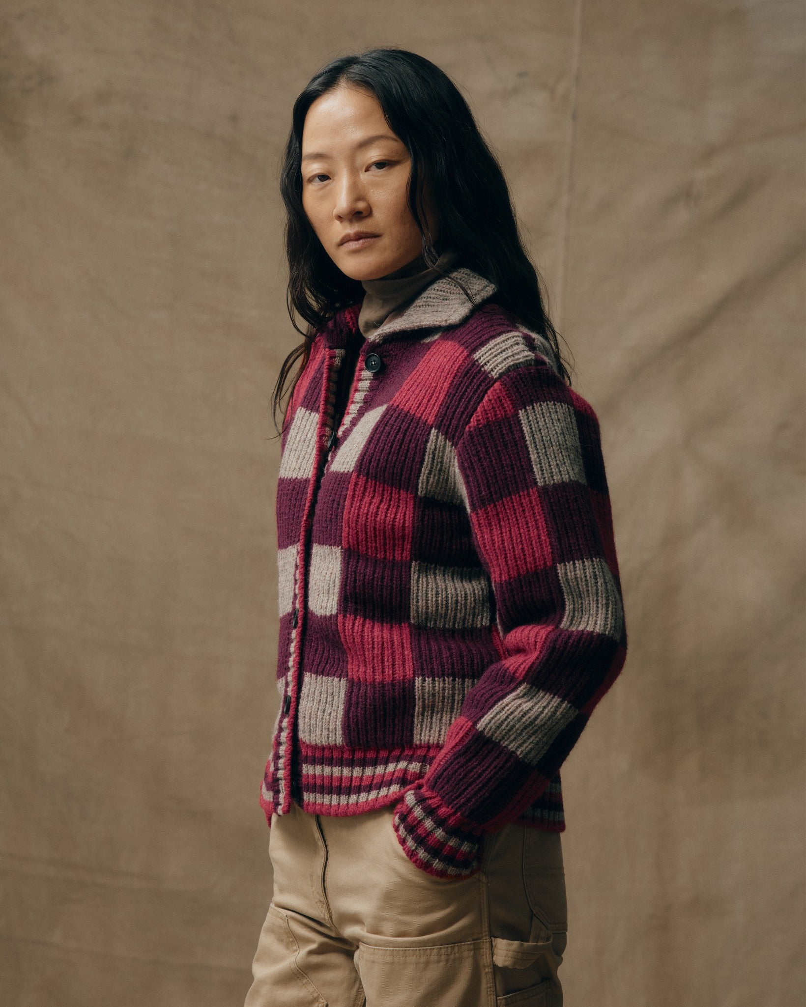 Women's Checkered Wool Cardigan - Burgundy / Gray Check - Image 3